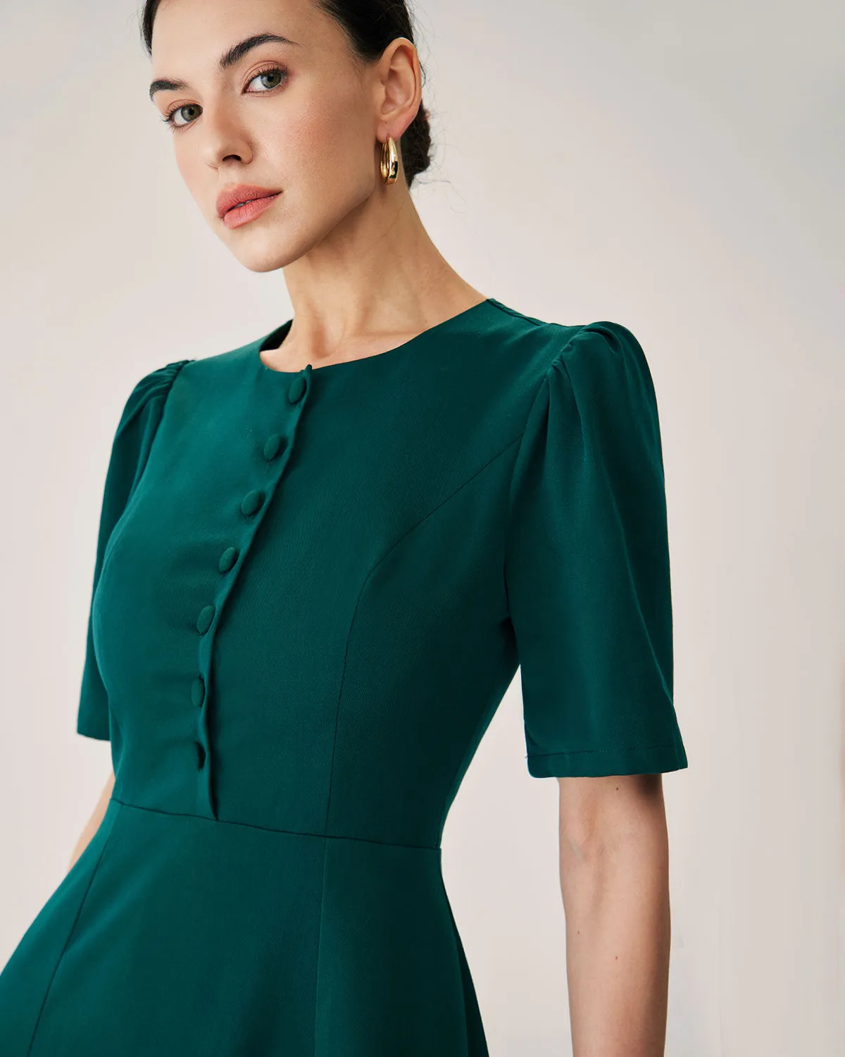 Green Puffed Sleeve Button Midi Dress sold by rihoas product image thumbnail 2