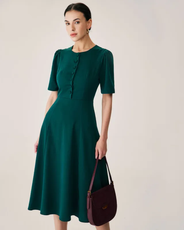 Green Puffed Sleeve Button Midi Dress sold by rihoas