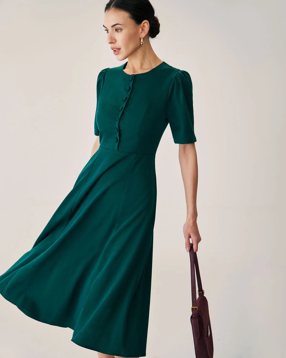 Green Puffed Sleeve Button Midi Dress sold by rihoas product image thumbnail 3