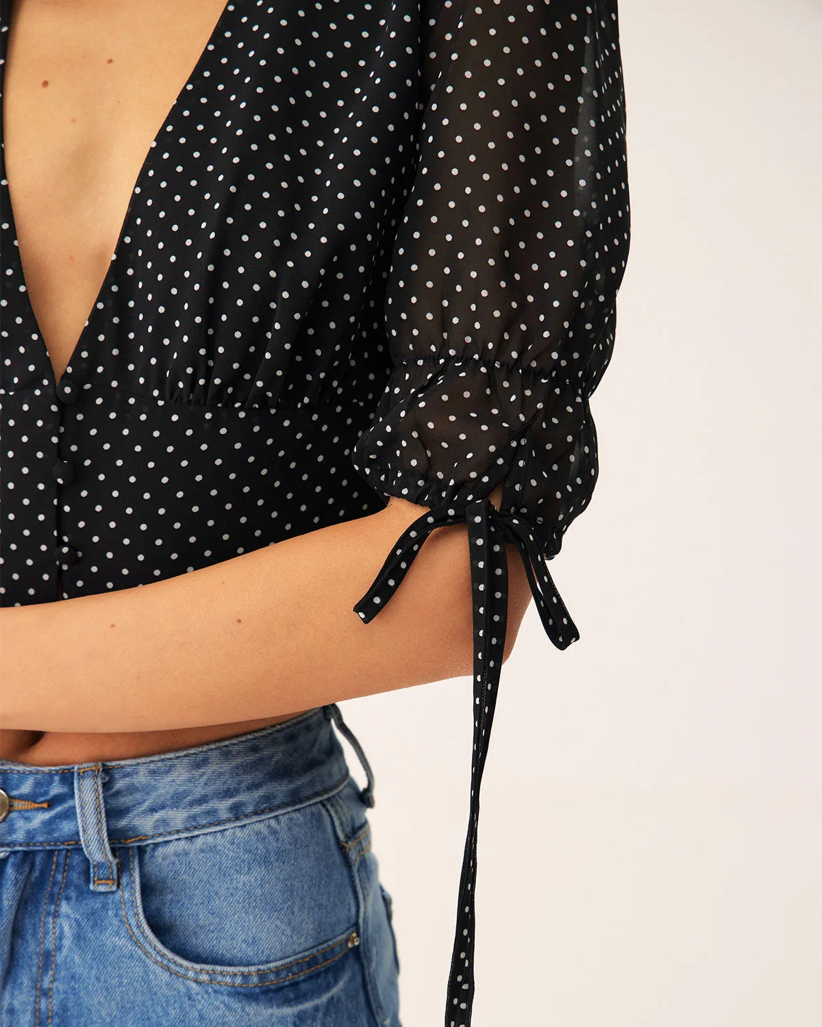 Black V-Neck Polka Dot Blouse sold by rihoas product image thumbnail 3