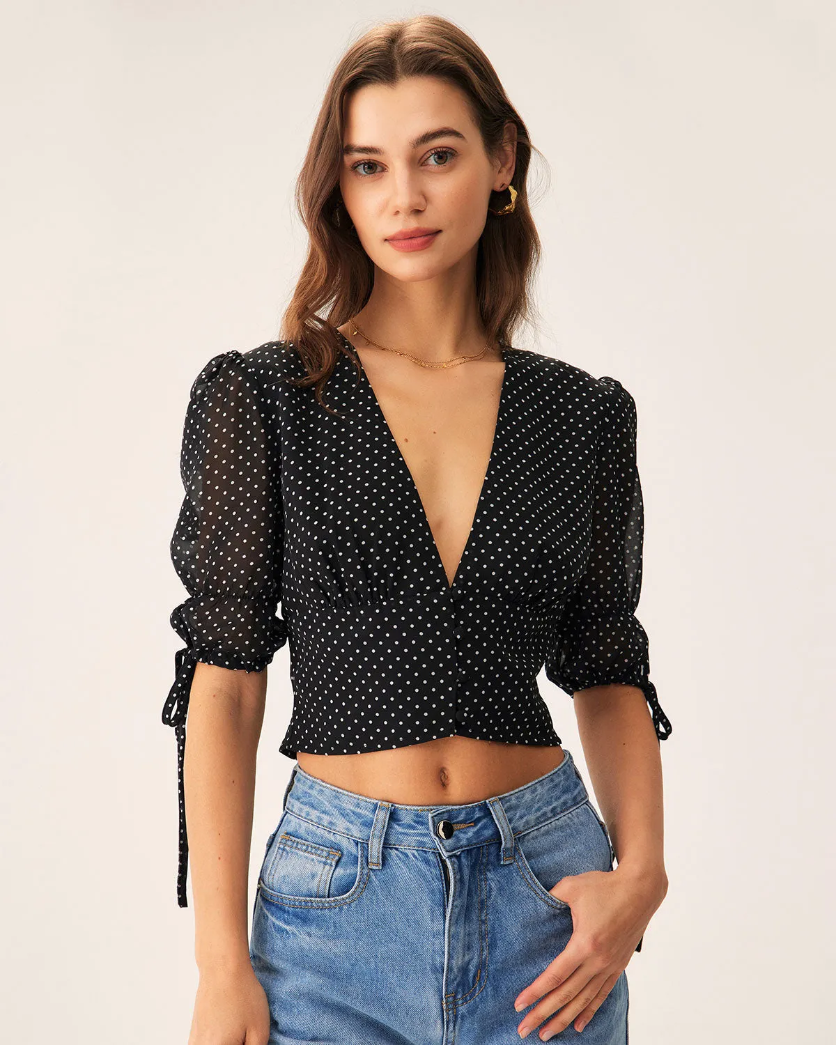 Black V-Neck Polka Dot Blouse sold by rihoas