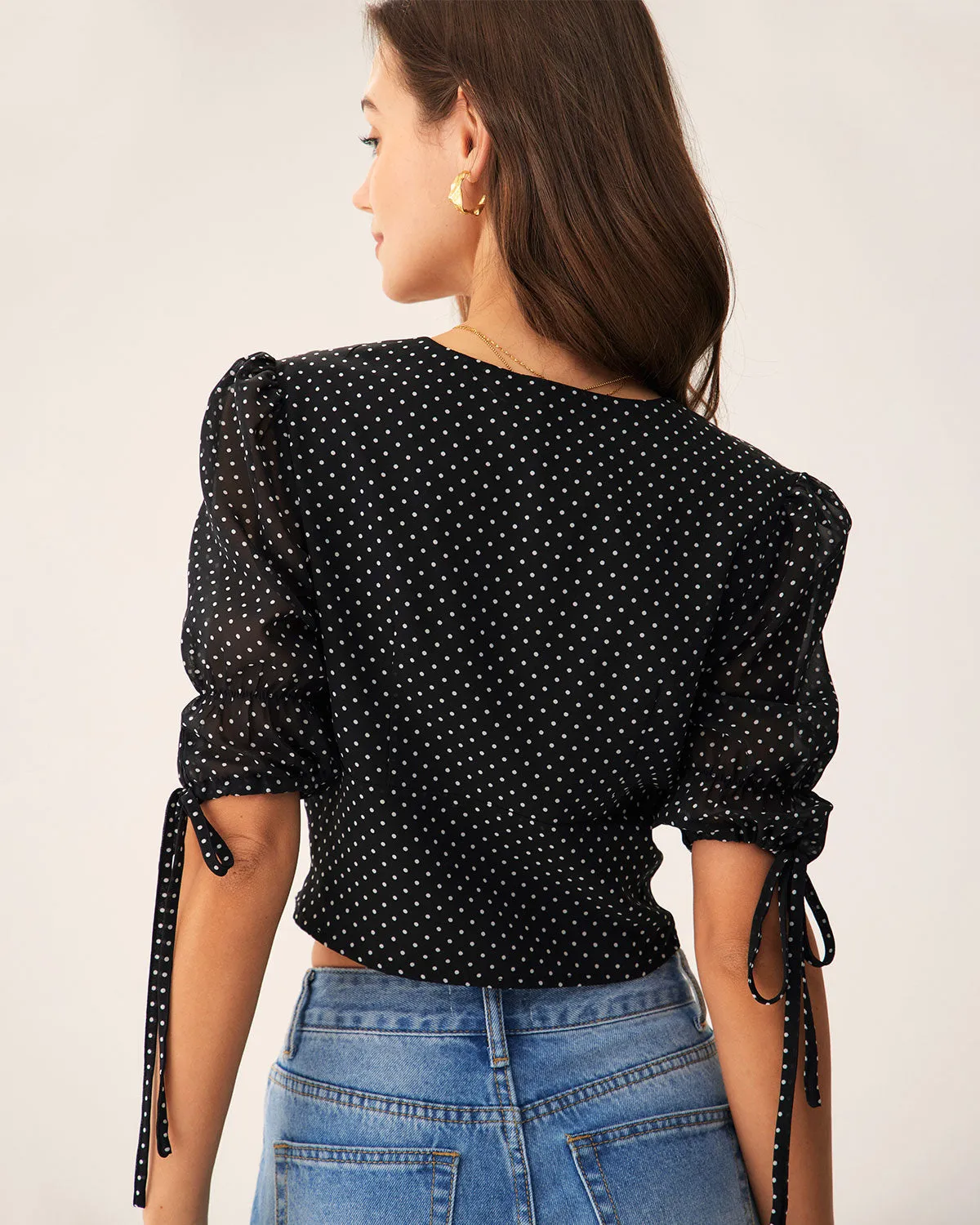 Black V-Neck Polka Dot Blouse sold by rihoas product image thumbnail 5