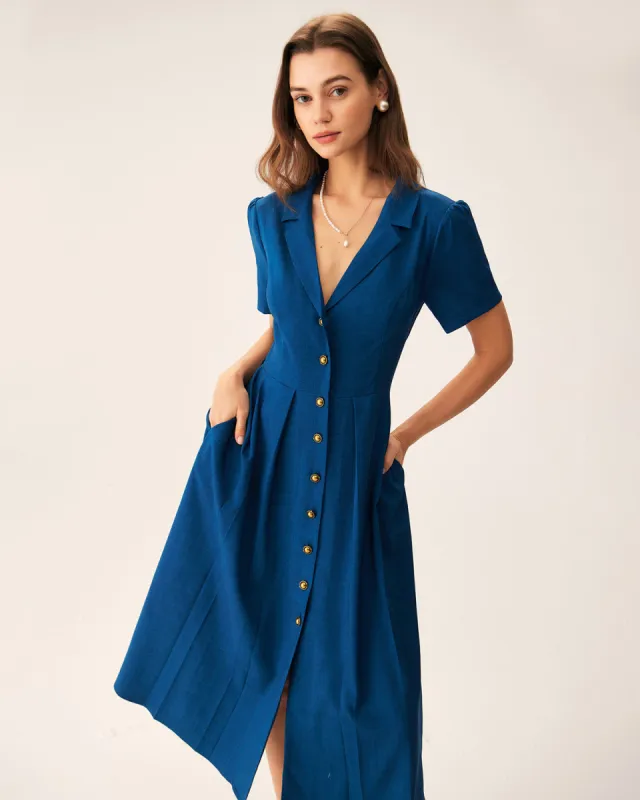 Blue V Neck Pleated Button Midi Dress sold by rihoas