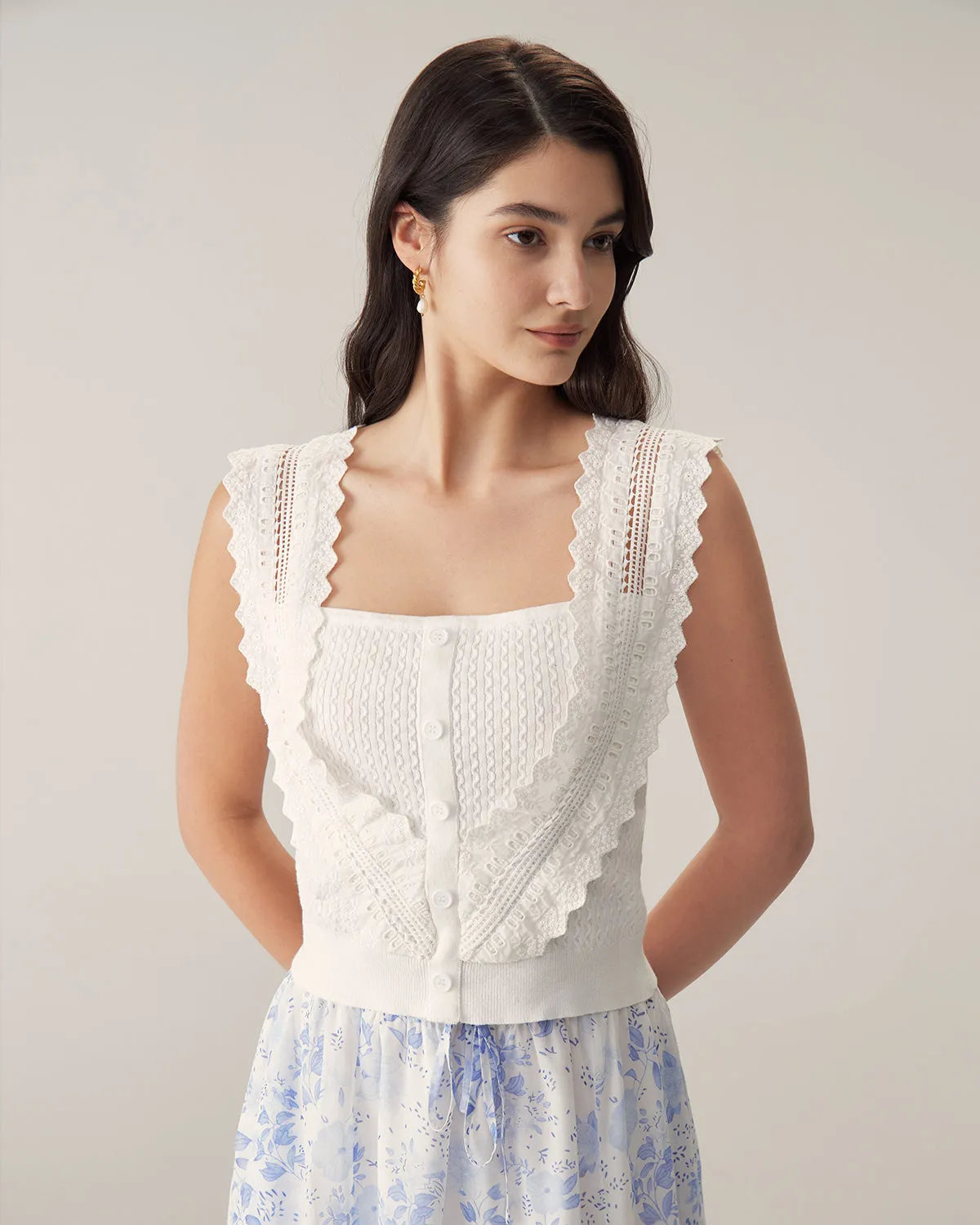 White Ruffle Embroidery Tank sold by rihoas