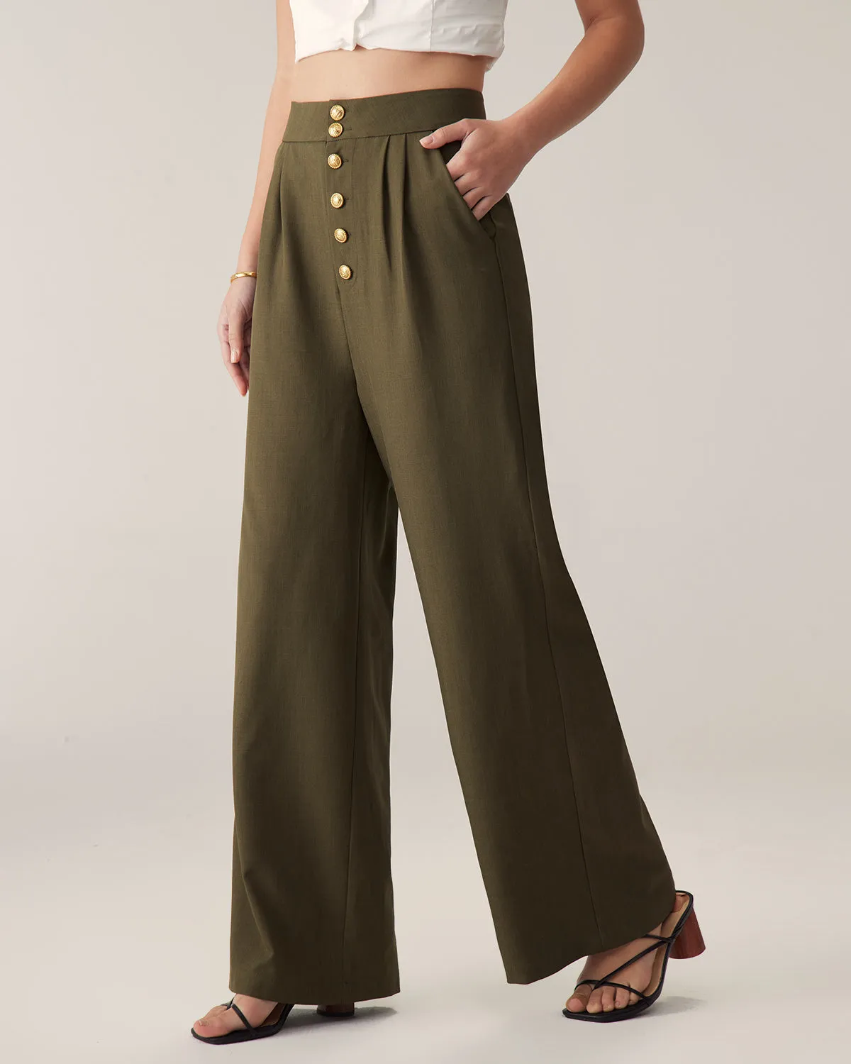 Green High-Waisted Straight Wide-Leg Pants sold by rihoas