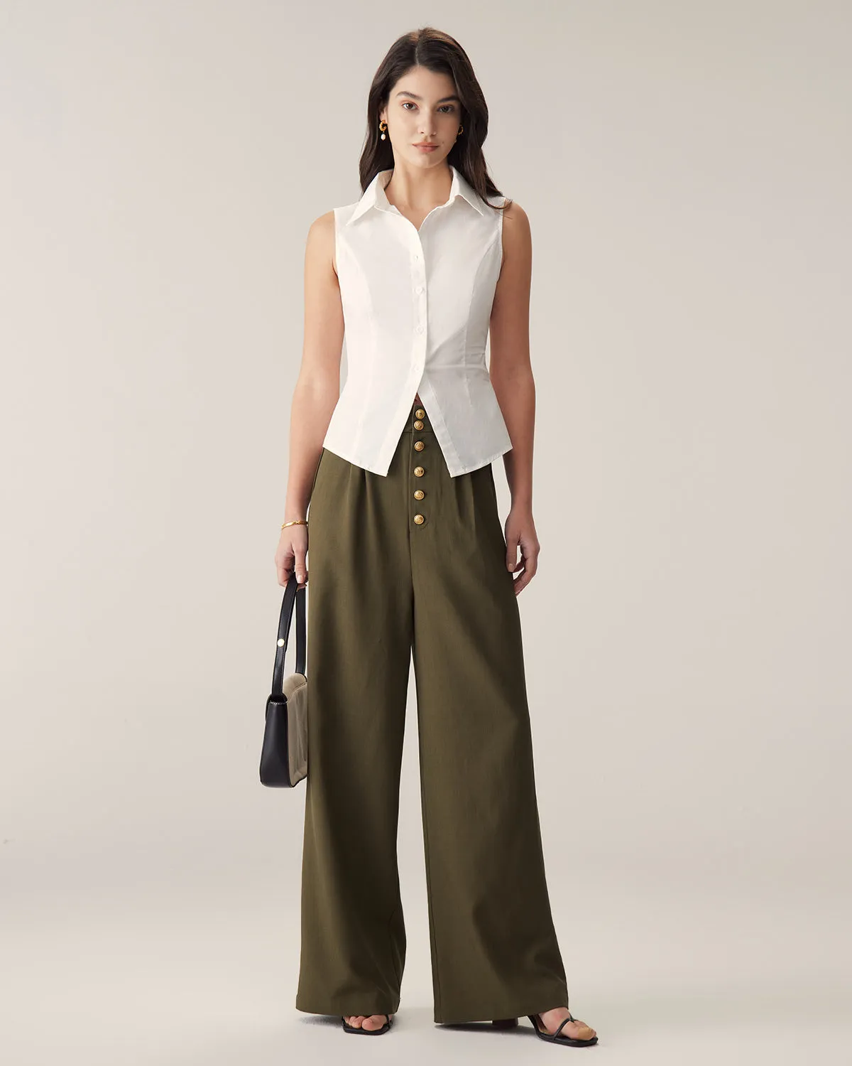 Green High-Waisted Straight Wide-Leg Pants sold by rihoas product image thumbnail 2