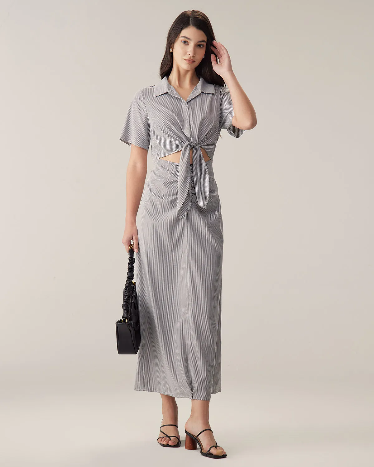Grey Striped Cut-out Midi Dress sold by rihoas