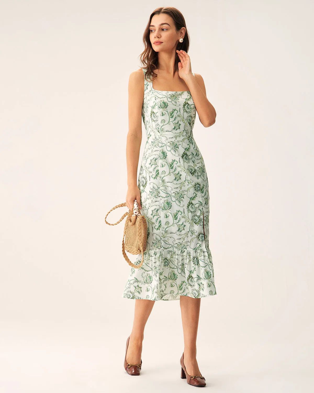 Green Floral Square Neck Midi Dress sold by rihoas product image thumbnail 5
