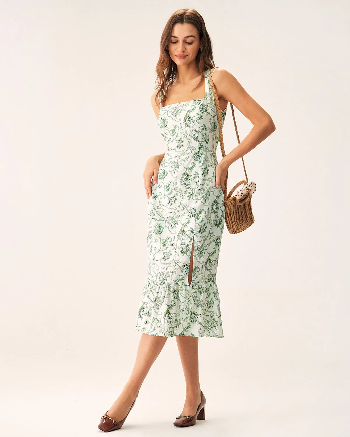 Green Floral Square Neck Midi Dress sold by rihoas