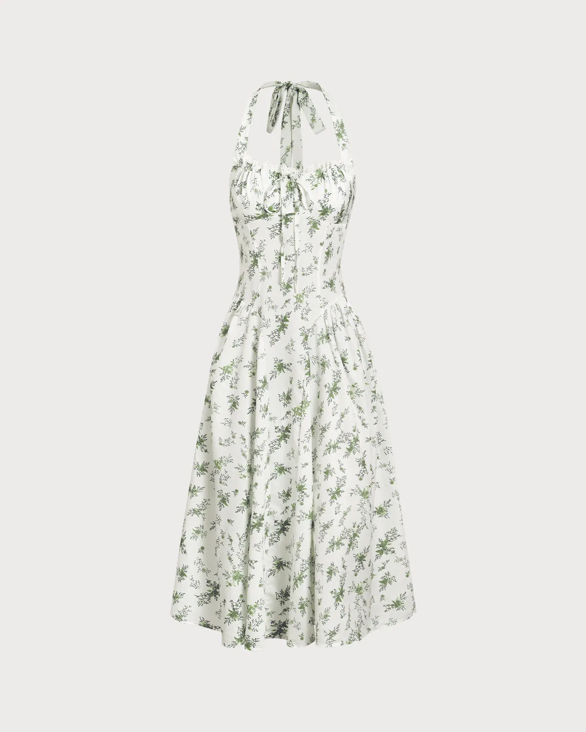 Green Floral Ruched Lace Halter Midi Dress sold by rihoas