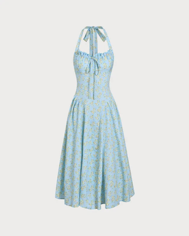 Blue Floral Ruched Lace Halter Midi Dress sold by rihoas