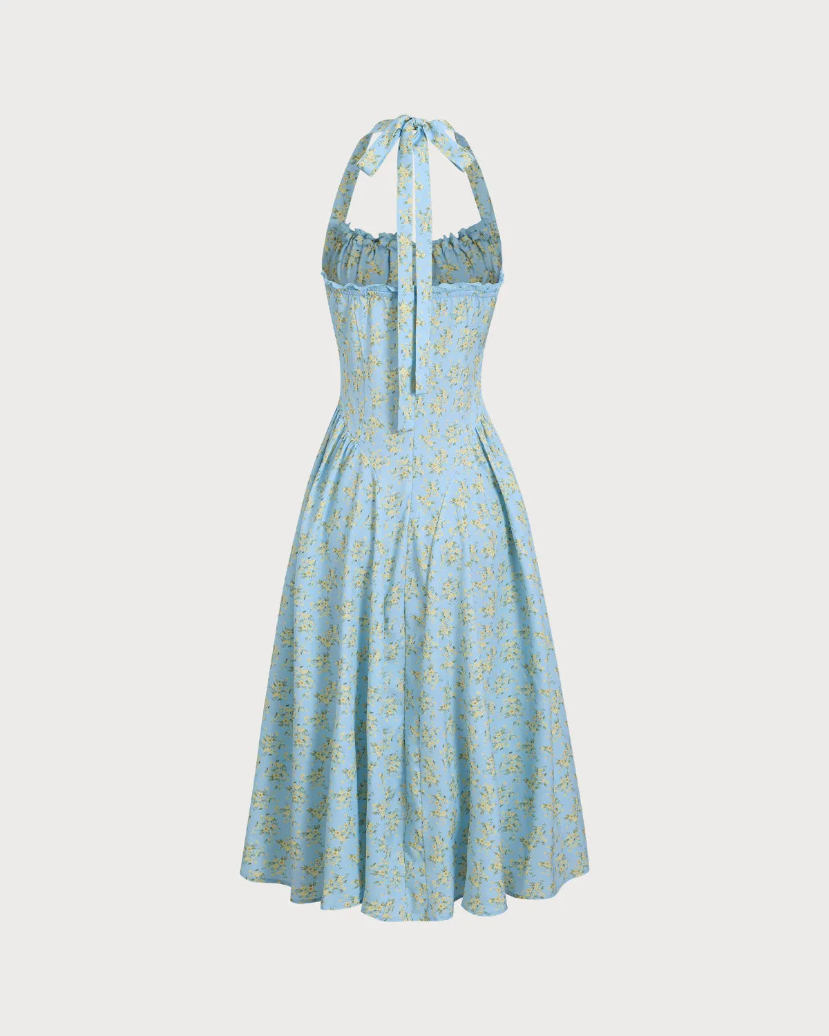 Blue Floral Ruched Lace Halter Midi Dress sold by rihoas product image thumbnail 2