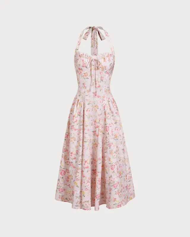 Floral Ruched Pleated Halter Midi Dress sold by rihoas