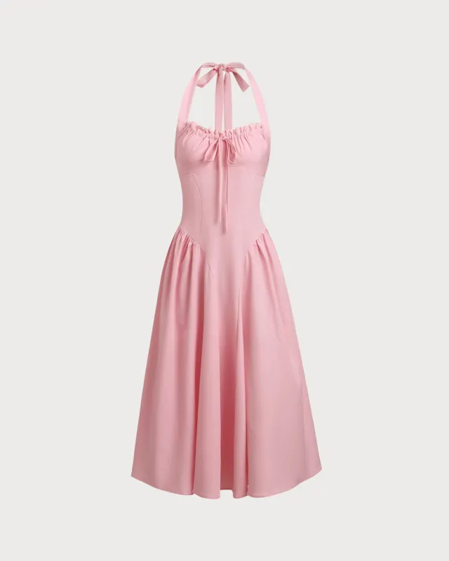 Pink Floral Ruched Halter Midi Dress sold by rihoas