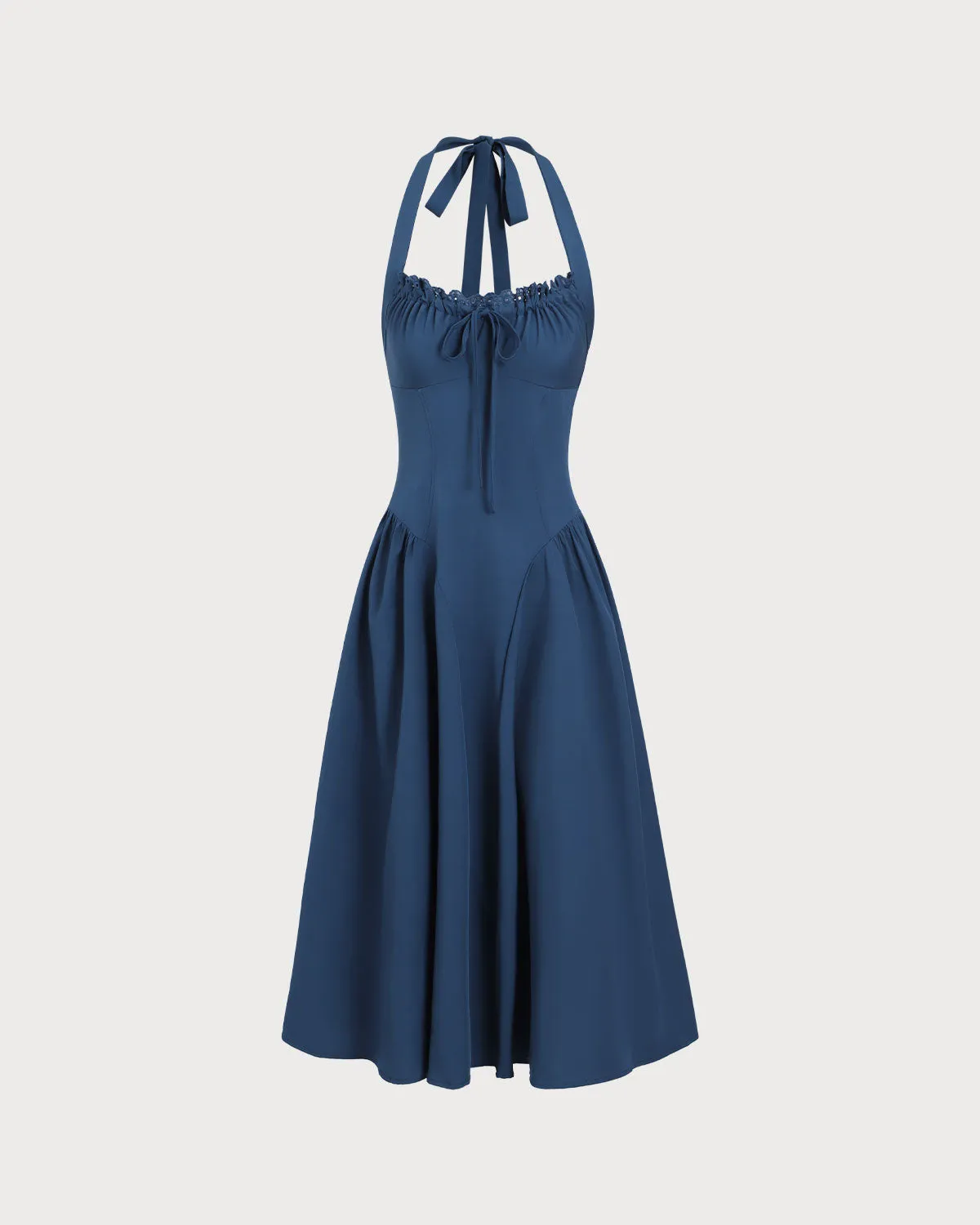 Navy Floral Ruched Halter Midi Dress sold by rihoas