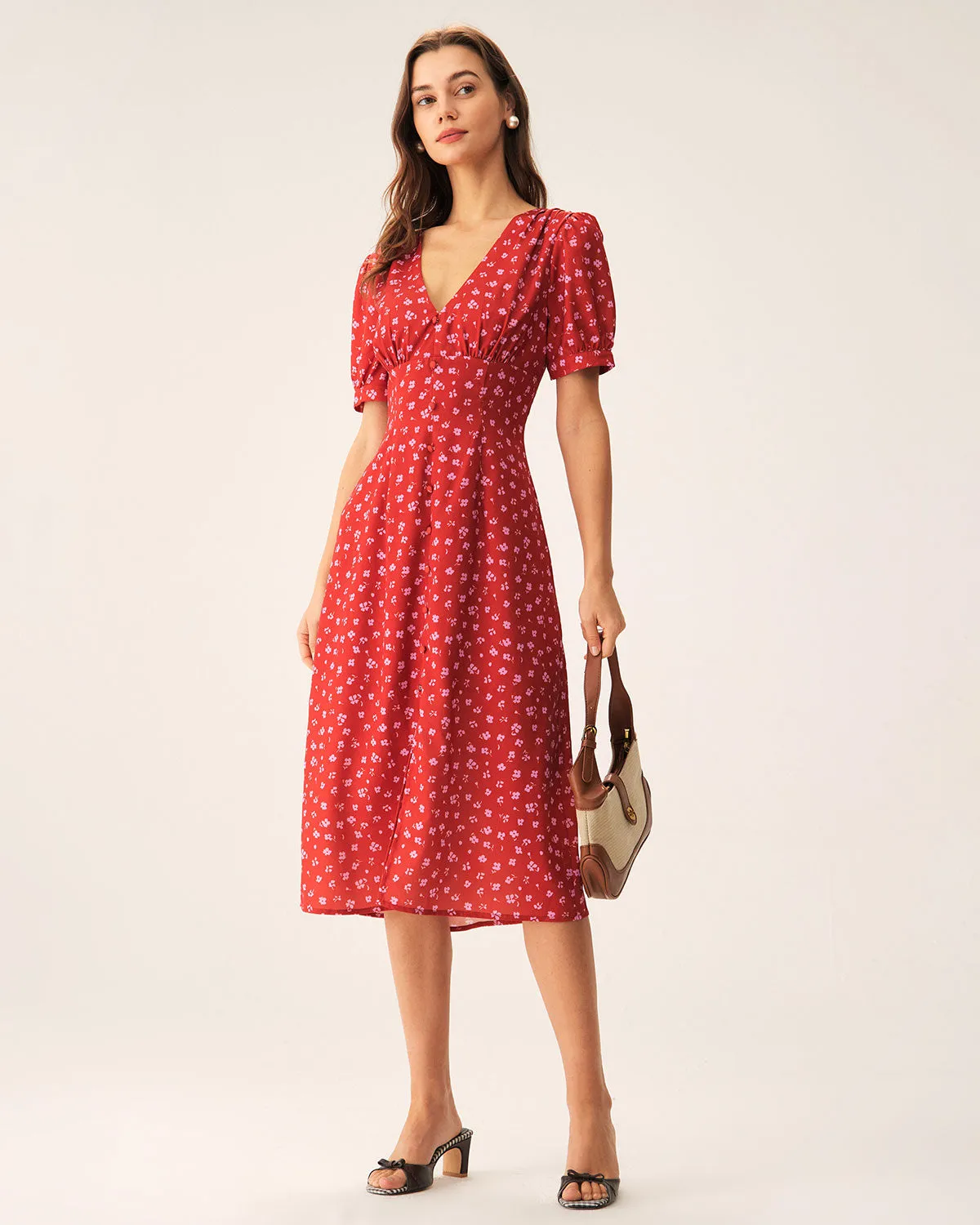 Red Polka Dot Ruched Midi Dress sold by rihoas product image thumbnail 5