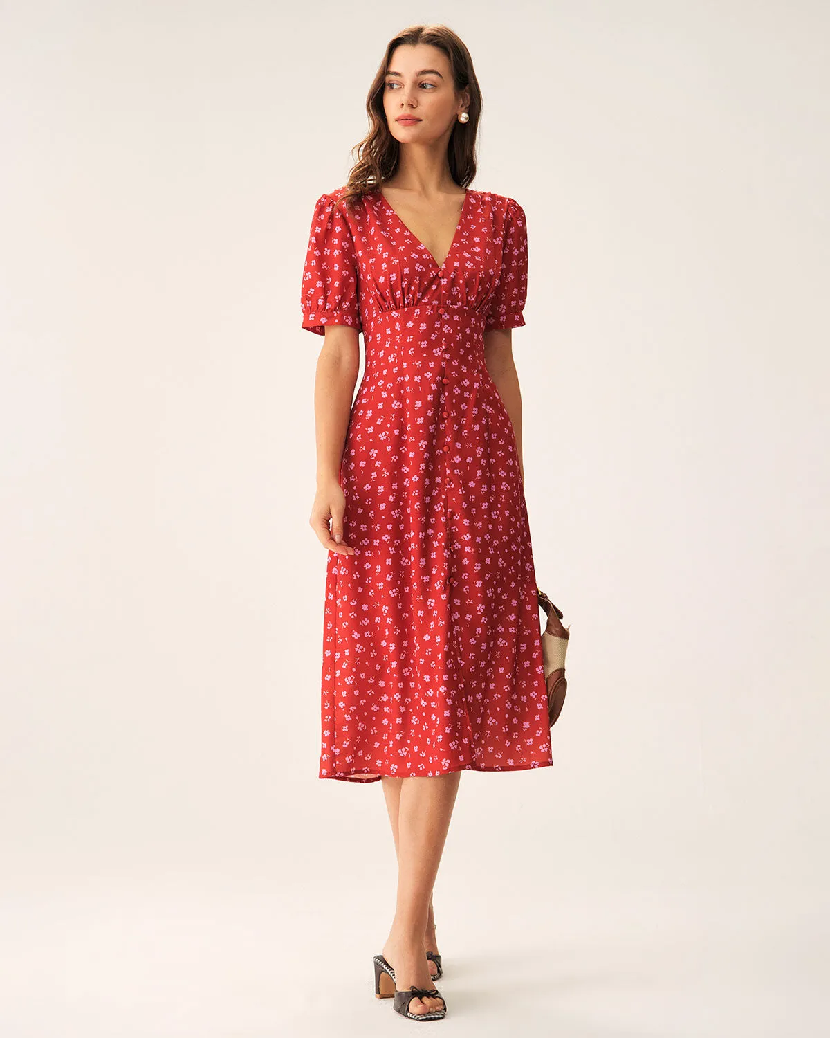 Red Polka Dot Ruched Midi Dress sold by rihoas product image thumbnail 4
