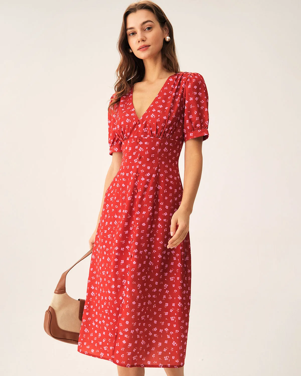 Red Polka Dot Ruched Midi Dress sold by rihoas