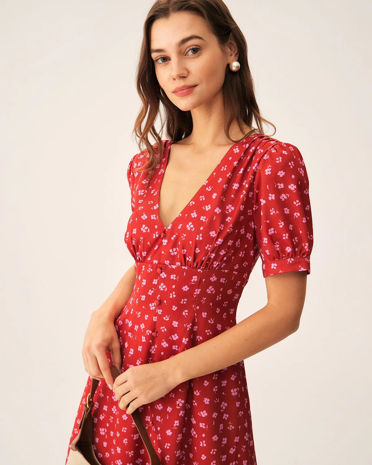 Red Polka Dot Ruched Midi Dress sold by rihoas product image thumbnail 2