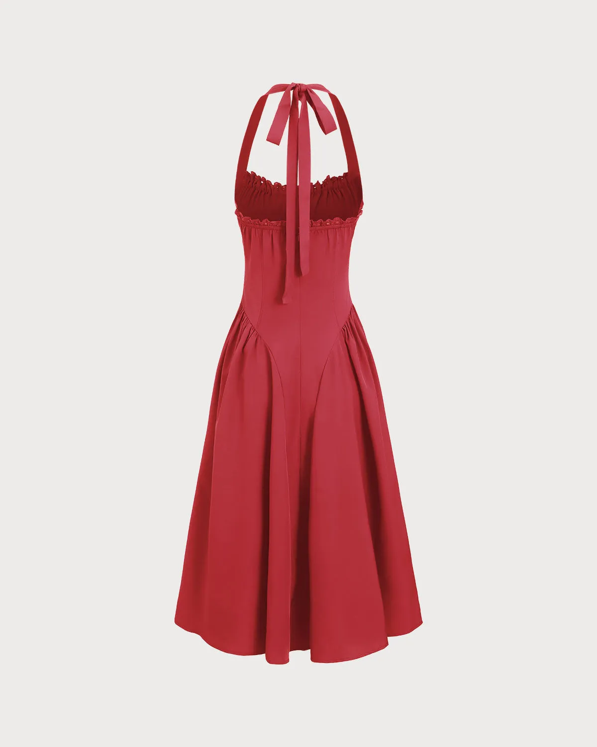 Red Floral Ruched Halter Midi Dress sold by rihoas product image thumbnail 2