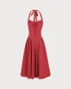 Red Floral Ruched Halter Midi Dress sold by rihoas