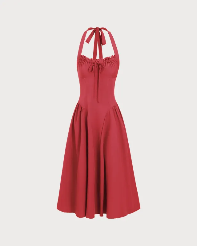 Red Floral Ruched Halter Midi Dress sold by rihoas