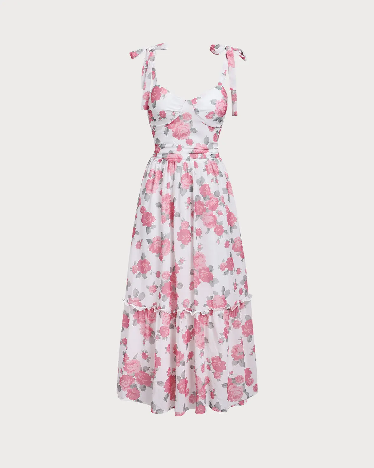 Pink Floral Shirred Tie Strap Midi Dress sold by rihoas