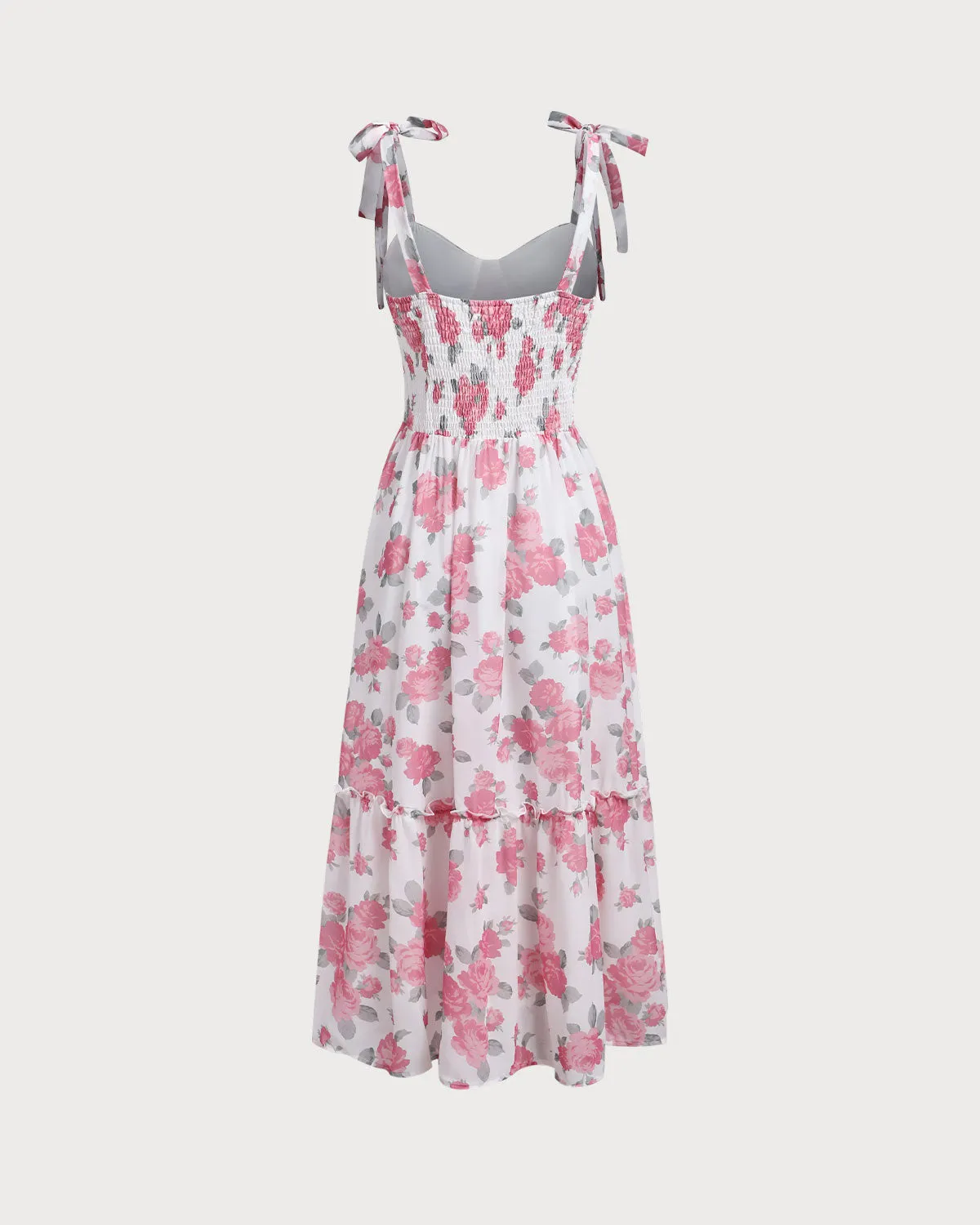Pink Floral Shirred Tie Strap Midi Dress sold by rihoas product image thumbnail 2