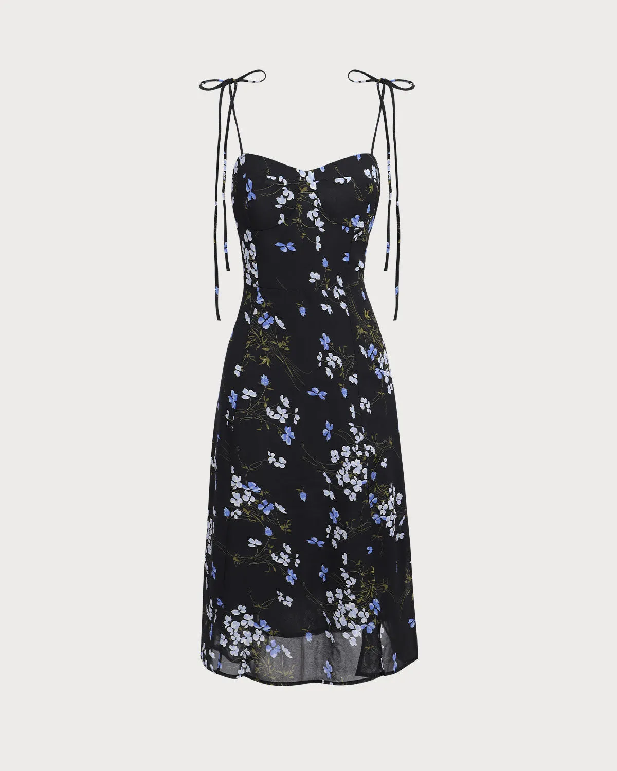 Black Floral Tie Strap Slit Midi Dresses sold by rihoas