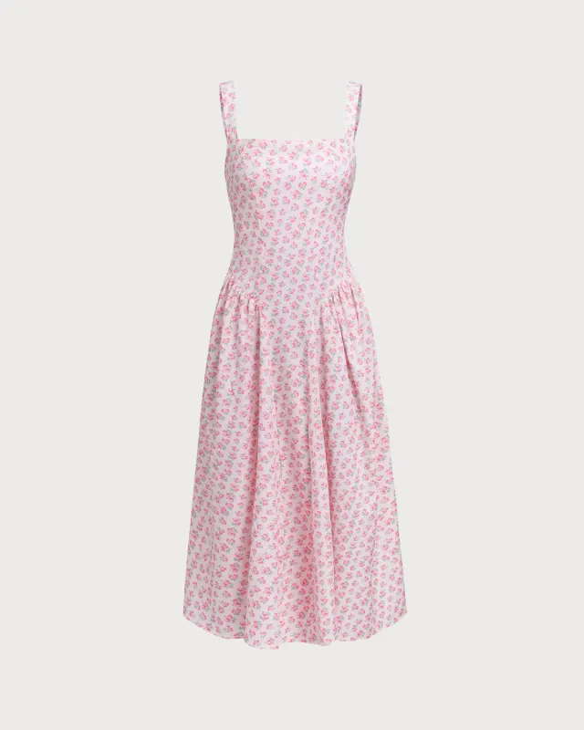 Pink Floral Square Neck Slip Midi Dress sold by rihoas