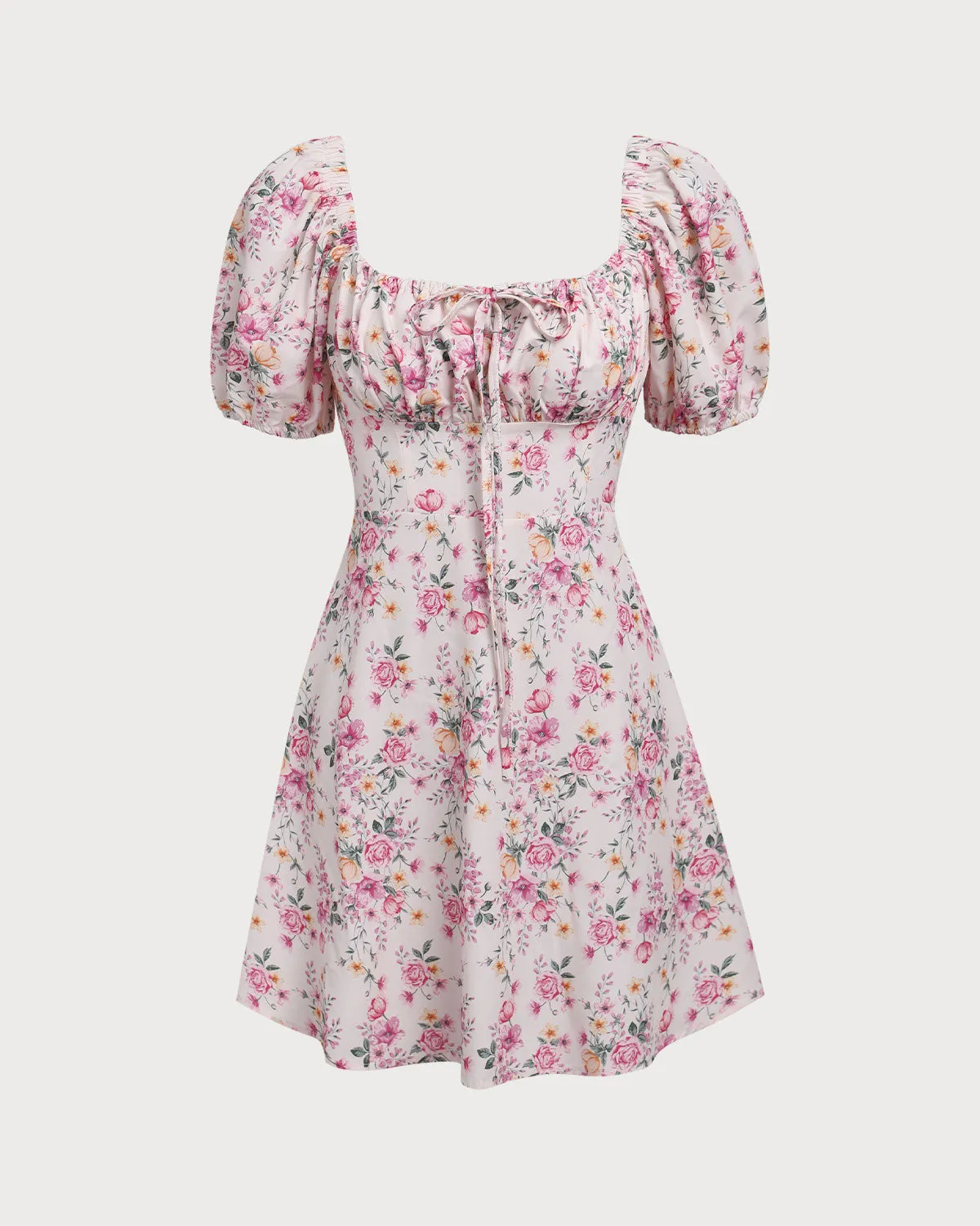 Pink Floral Square Neck Ruched Mini Dress sold by rihoas