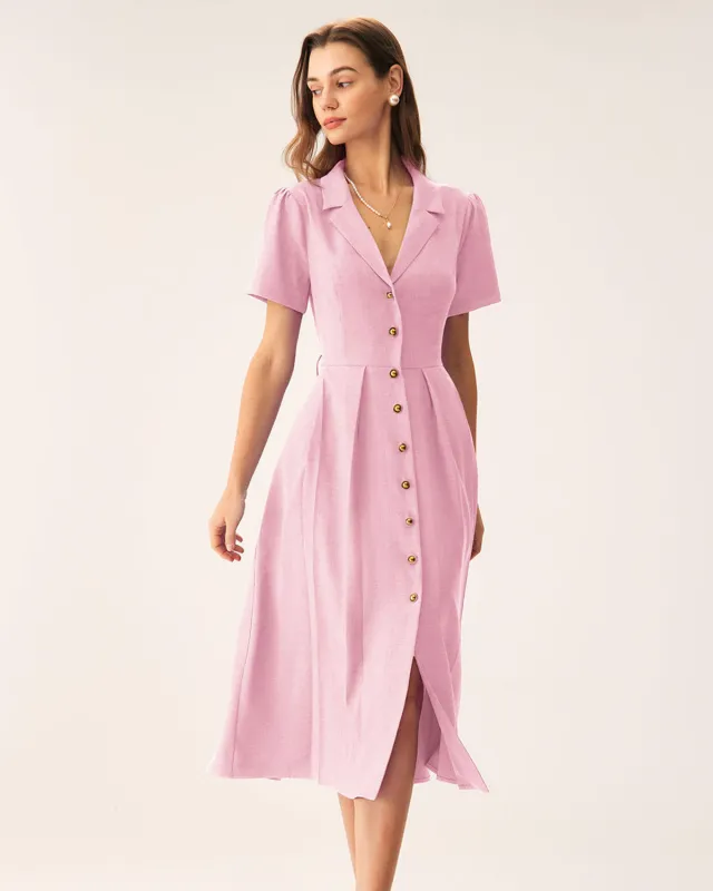 Pink V Neck Pleated Button Midi Dress sold by rihoas