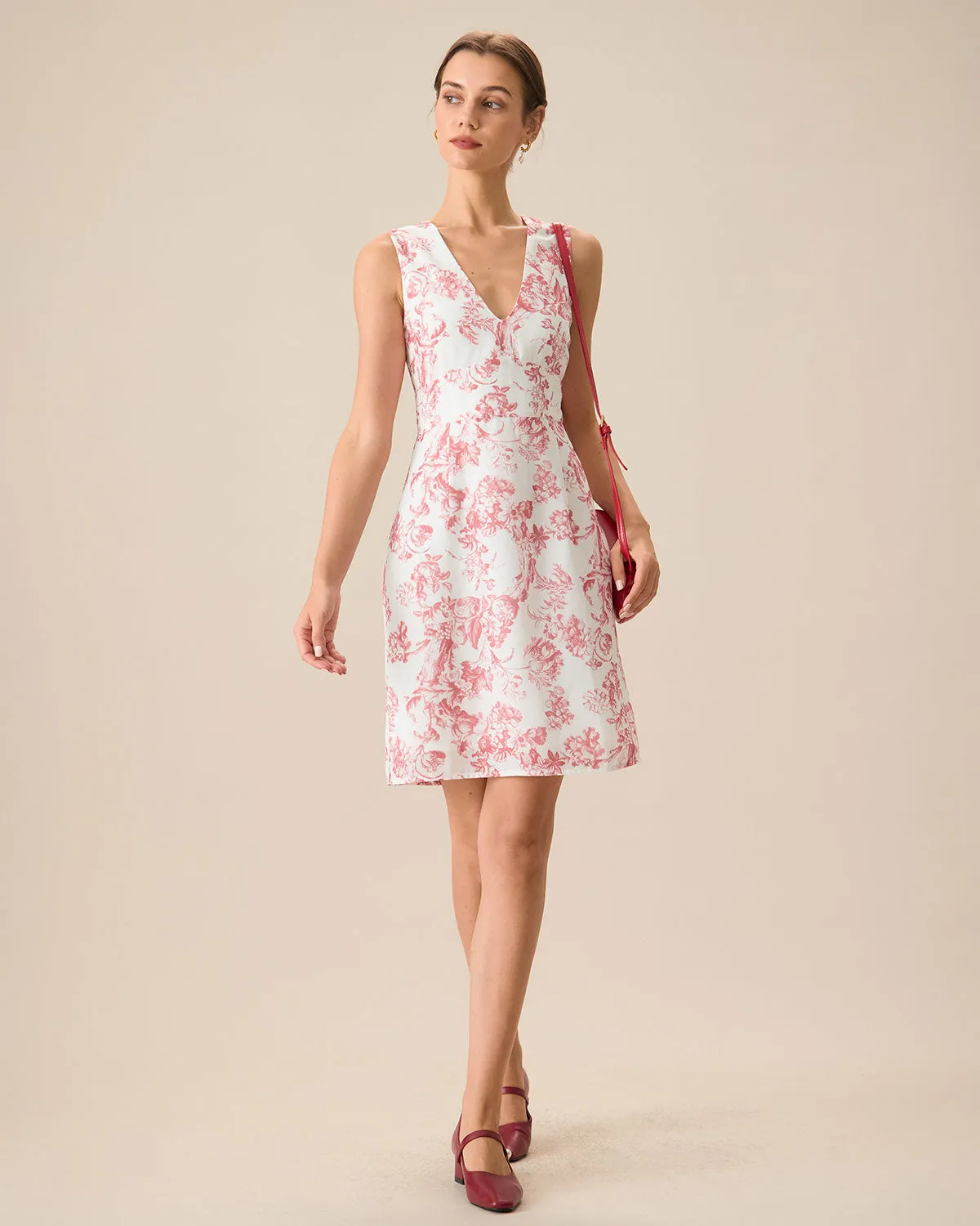 Women's Red V-Neck Sleeveless Floral Midi Dress sold by rihoas product image thumbnail 3