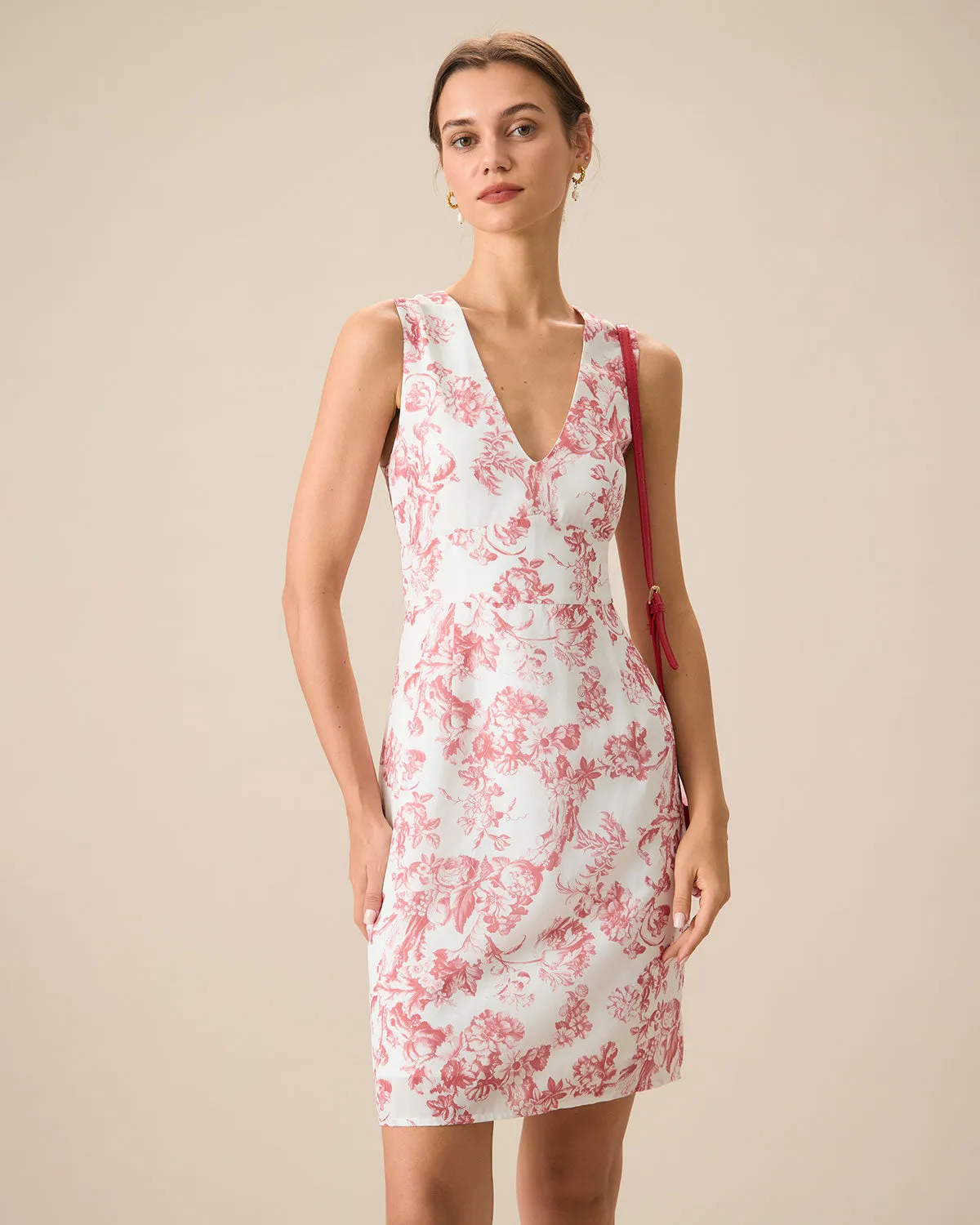 Women's Red V-Neck Sleeveless Floral Midi Dress sold by rihoas