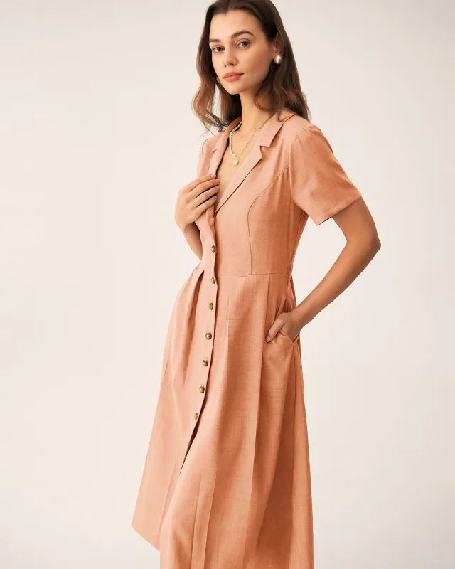 Orange V Neck Pleated Button Midi Dress sold by rihoas