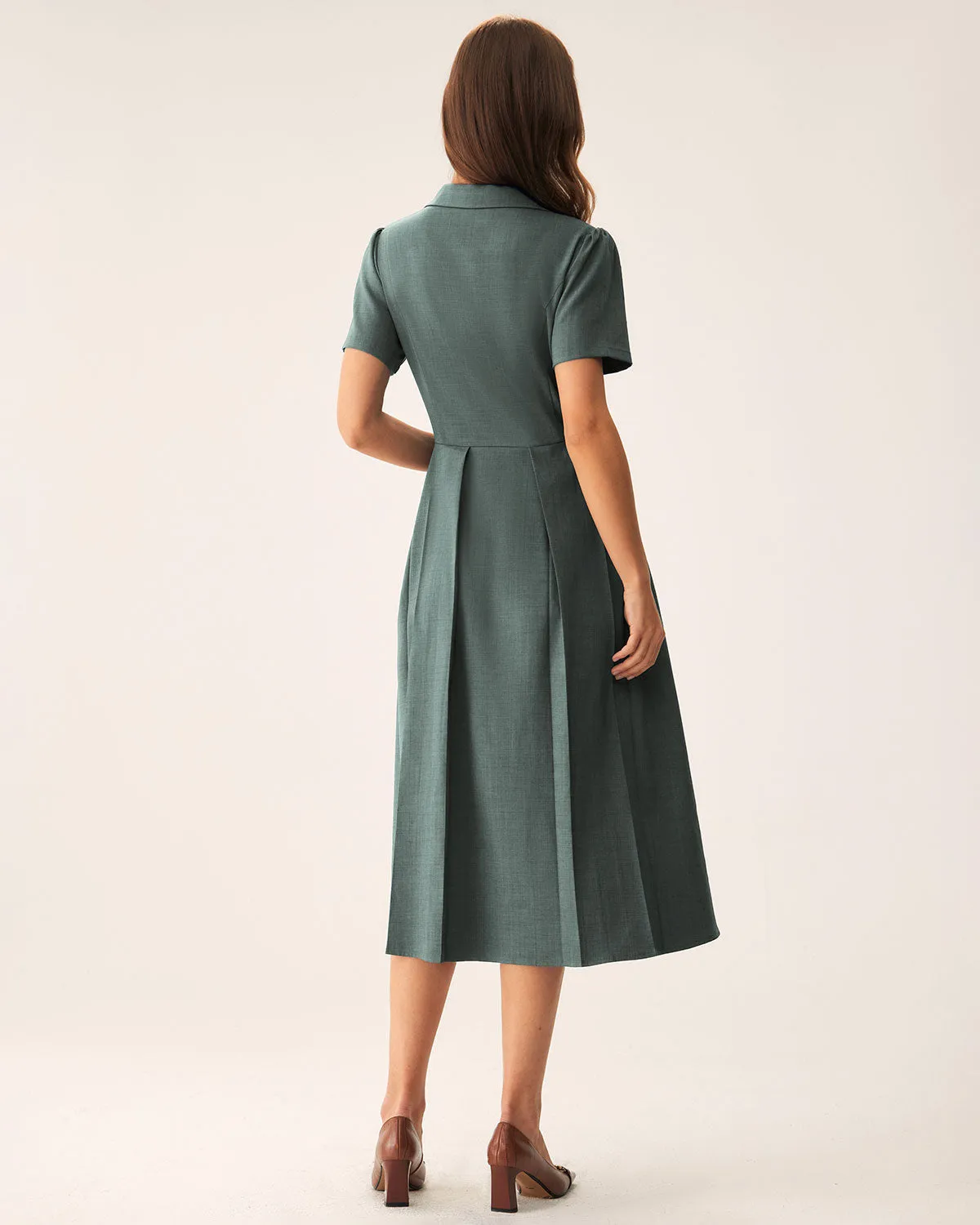 Green V Neck Pleated Button Midi Dress sold by rihoas product image thumbnail 4