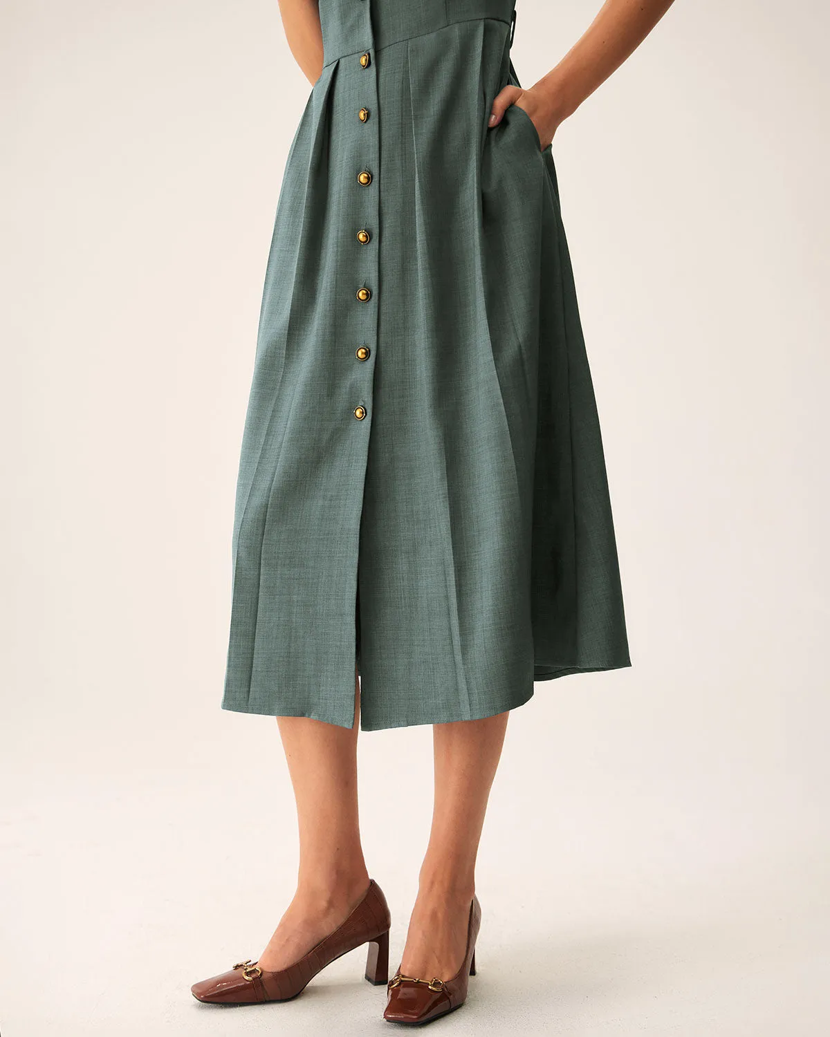 Green V Neck Pleated Button Midi Dress sold by rihoas product image thumbnail 3