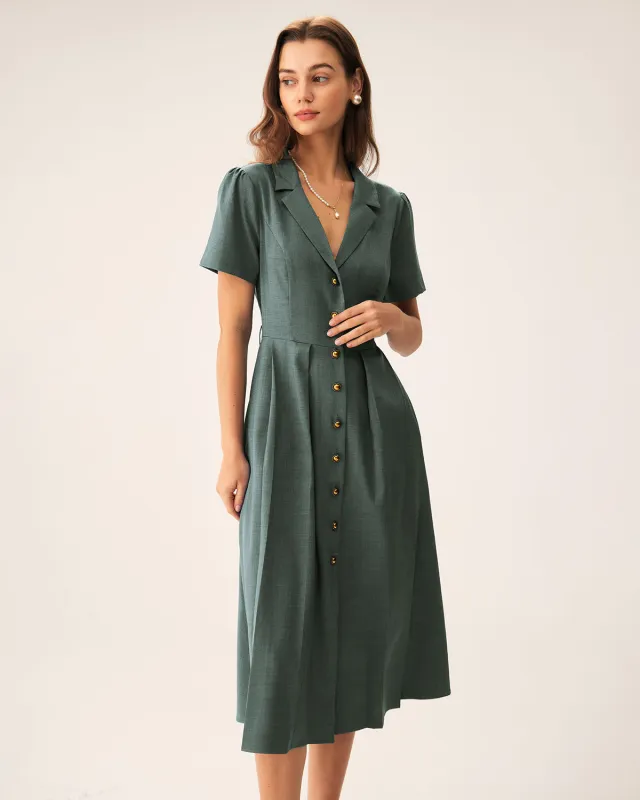 Green V Neck Pleated Button Midi Dress sold by rihoas