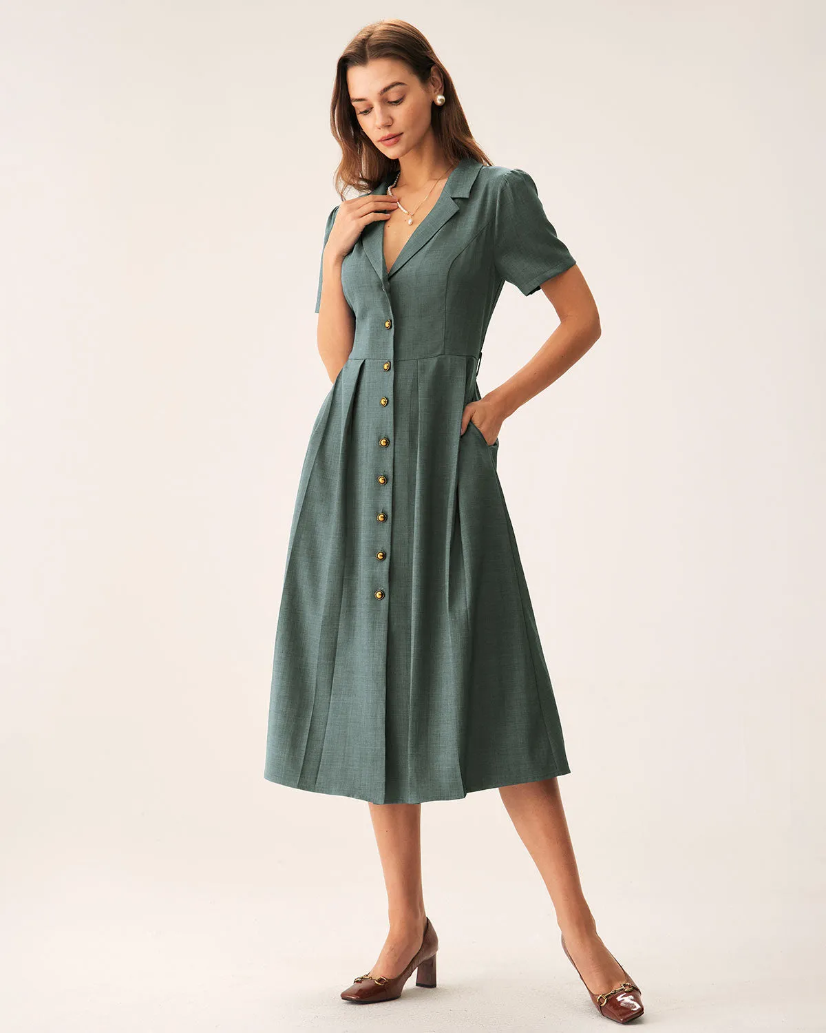 Green V Neck Pleated Button Midi Dress sold by rihoas product image thumbnail 2