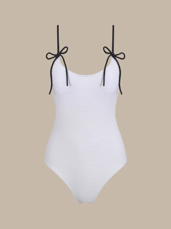 White Contrast Bowknot One-Piece Swimsuit sold by rihoas