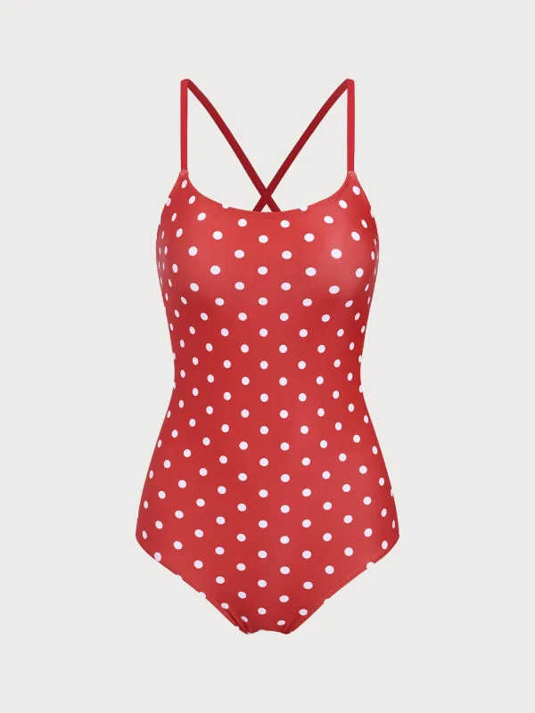 Red Polka Dot Backless One-Piece Swimsuit sold by rihoas