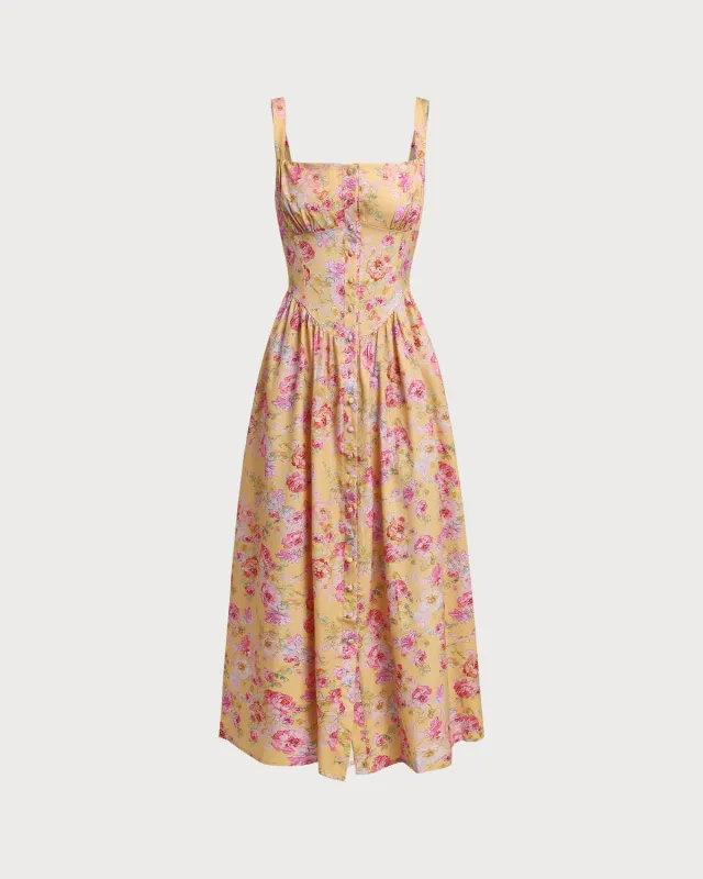Yellow Floral Square Neck Pocket Midi Dress sold by rihoas
