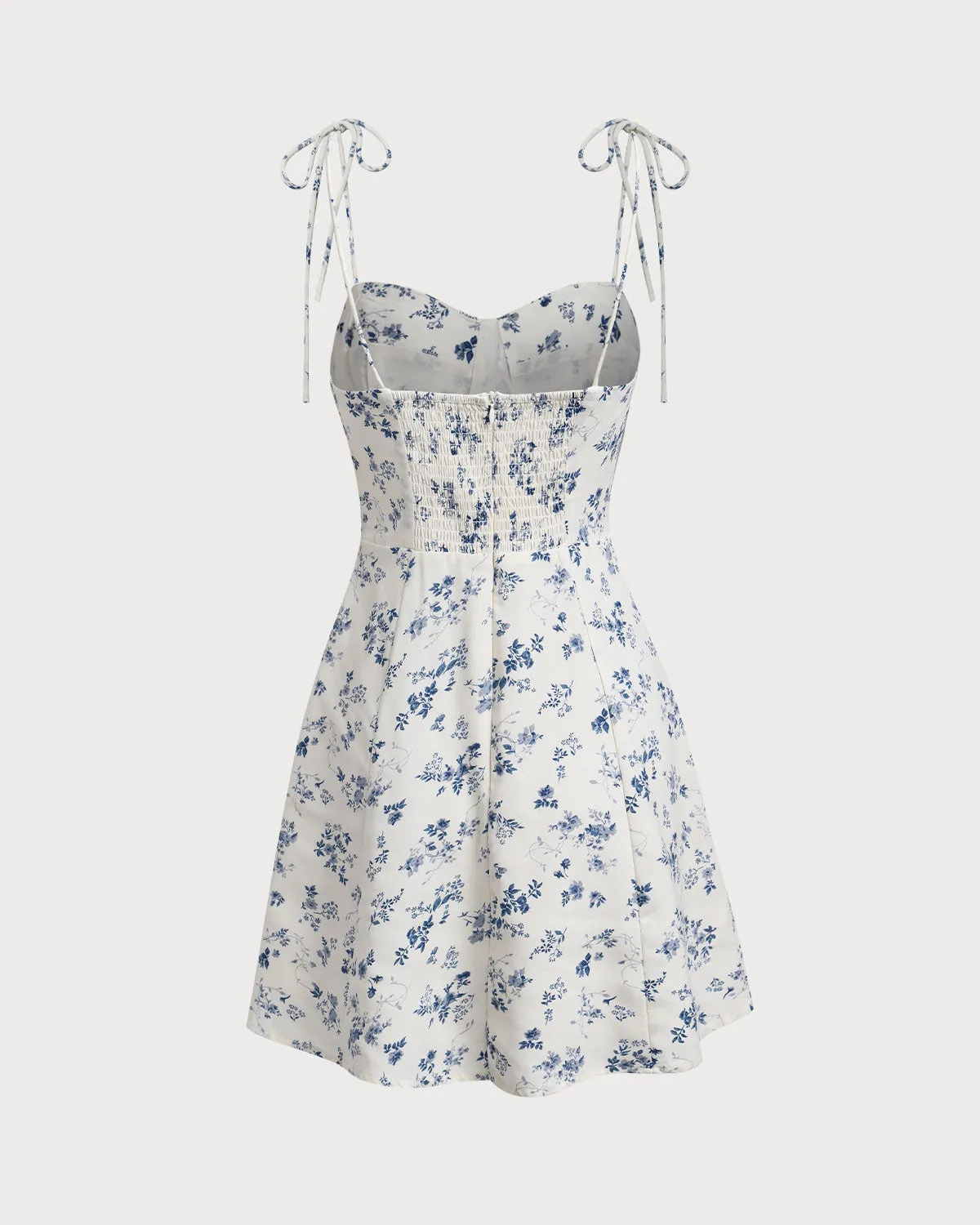 White Floral Shirred Tie Strap Mini Dress sold by rihoas product image thumbnail 2