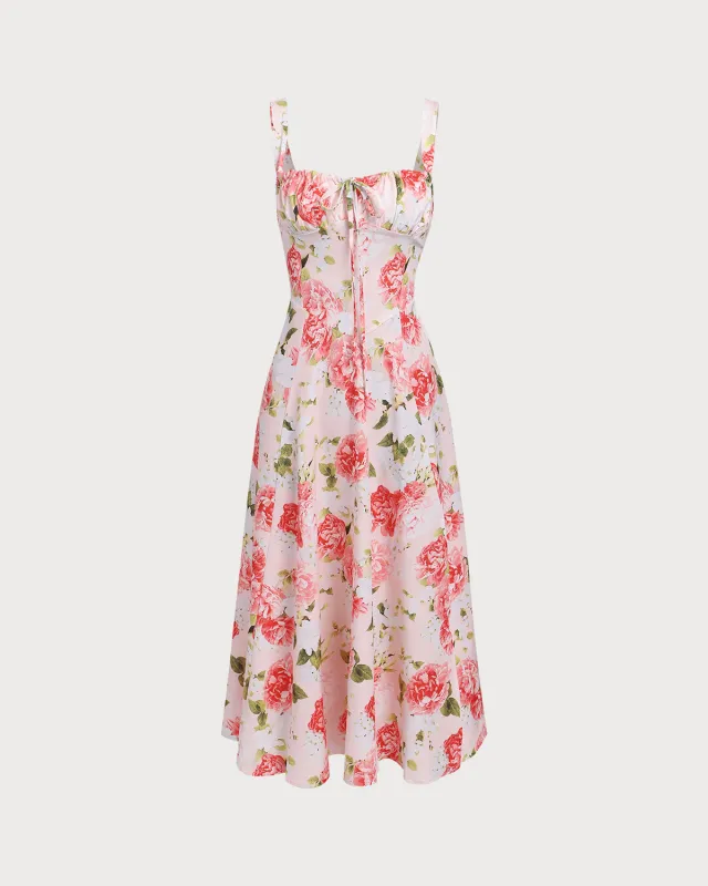 Pink Floral Square Neck Slit Slip Midi Dress sold by rihoas
