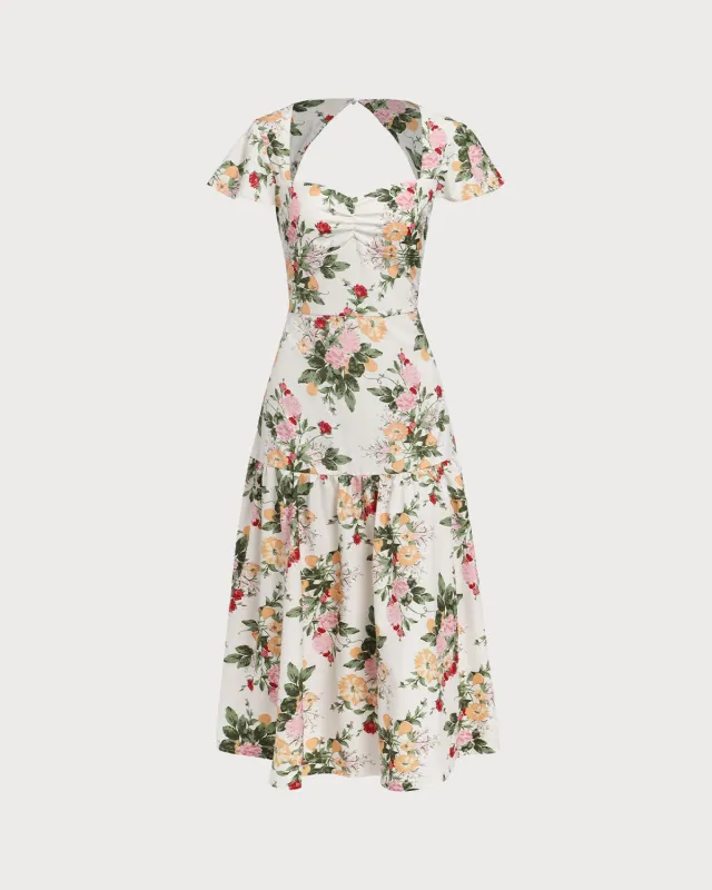 Green Floral Shirred Square Neck Midi Dress sold by rihoas