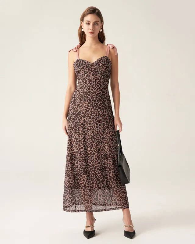 Brown Leopard Sweetheart Neck Slip Maxi Dress made by rihoas