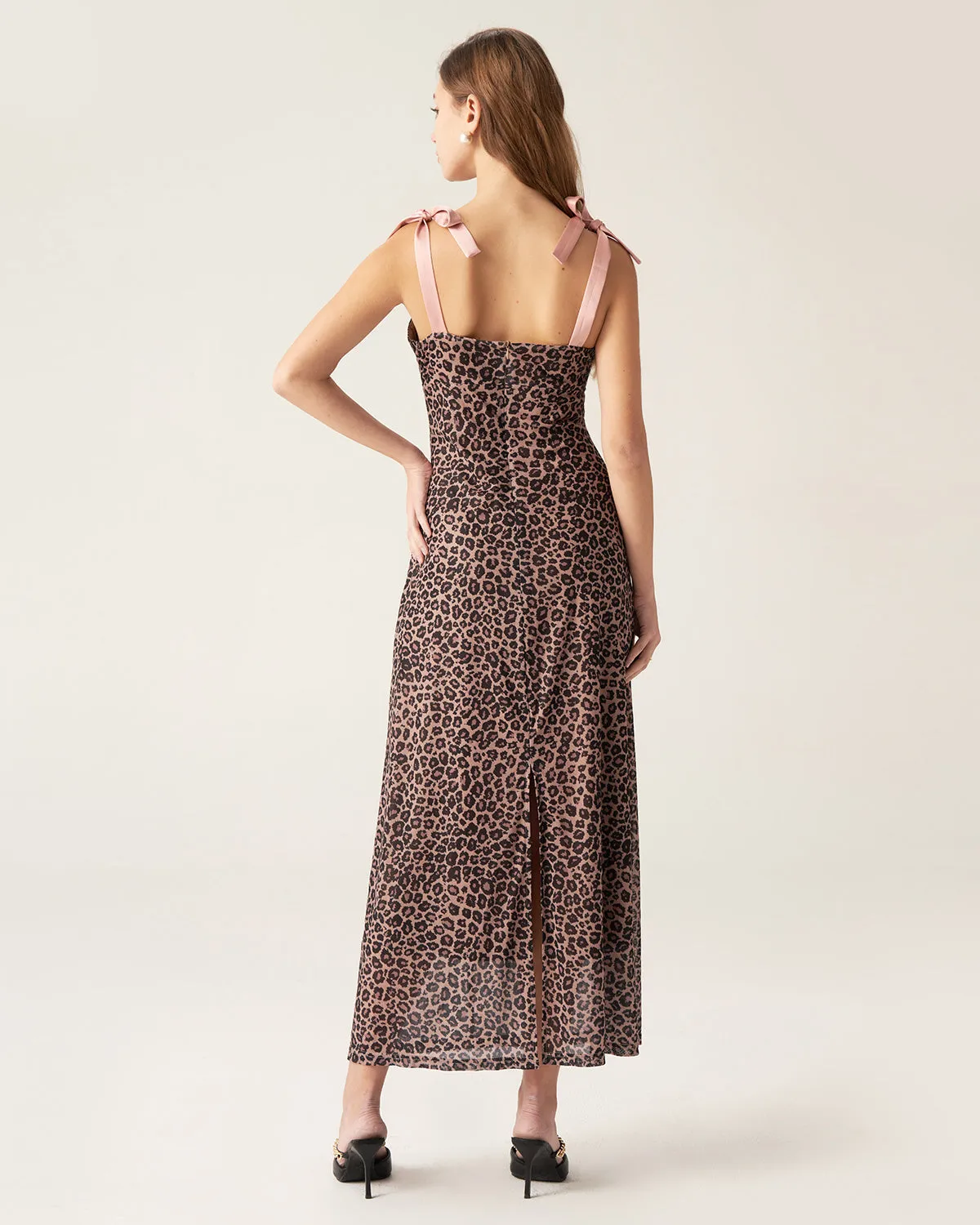 Brown Leopard Sweetheart Neck Slip Maxi Dress sold by rihoas product image thumbnail 3