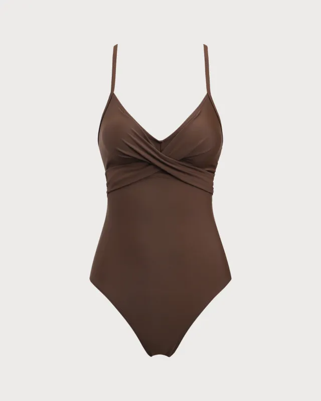 Coffee Scoop Neck X Cross One-Piece Swimsuit sold by rihoas