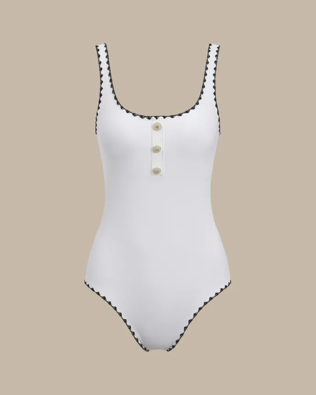 White Contrast U Neck One-Piece Swimsuit sold by rihoas