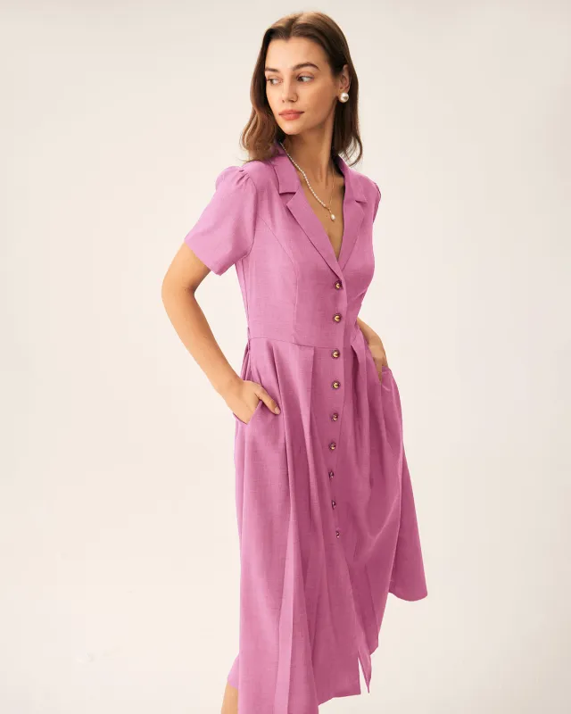 Rose Red V-Neck Button Midi Dress sold by rihoas